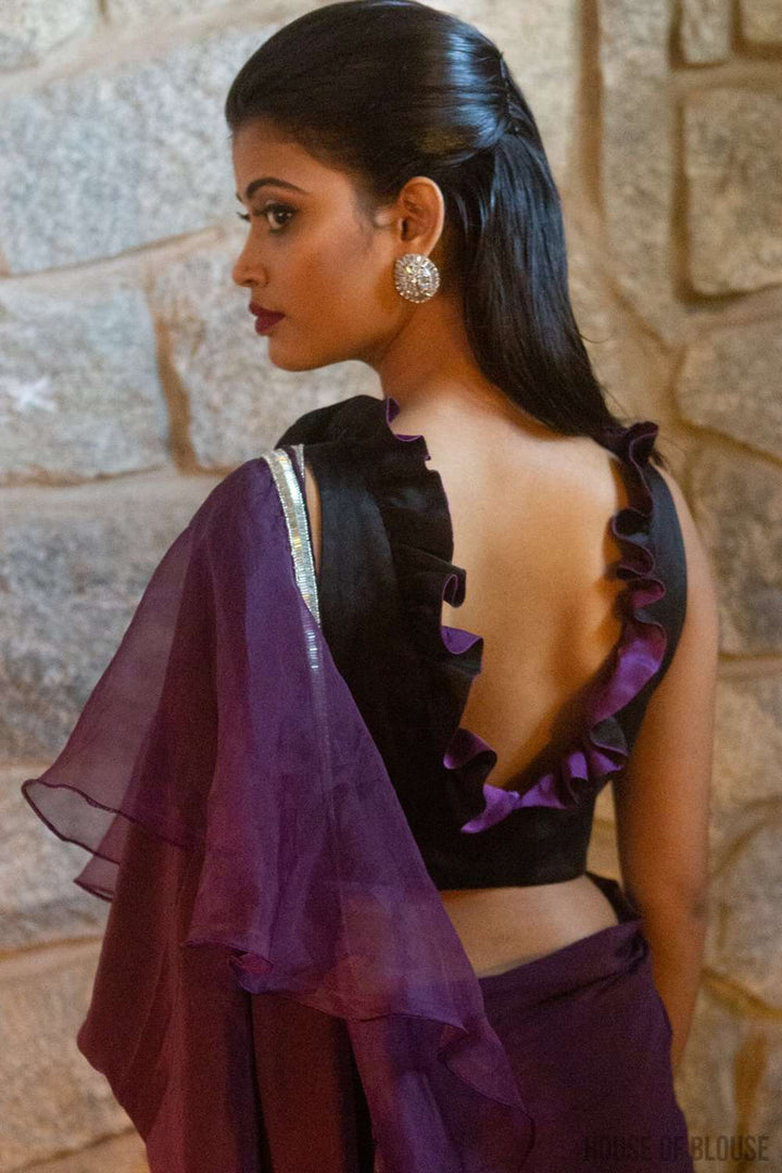 Black and purple Satin Sleeveless Blouse with Frill detailing