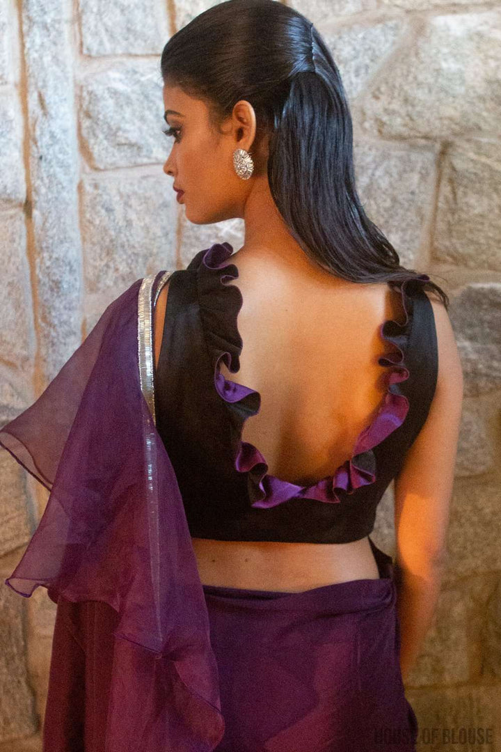 Black and purple Satin Sleeveless Blouse with Frill detailing