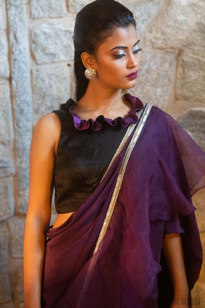 Black and purple Satin Sleeveless Blouse with Frill detailing