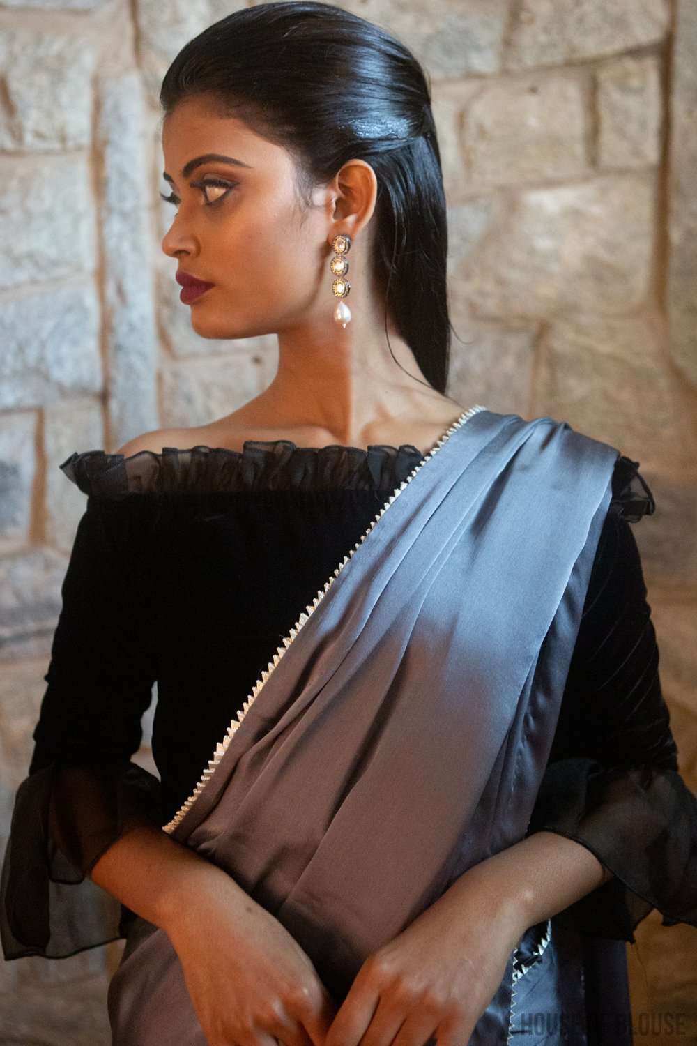 Black velvet off-shoulder blouse with  organza frill detailing