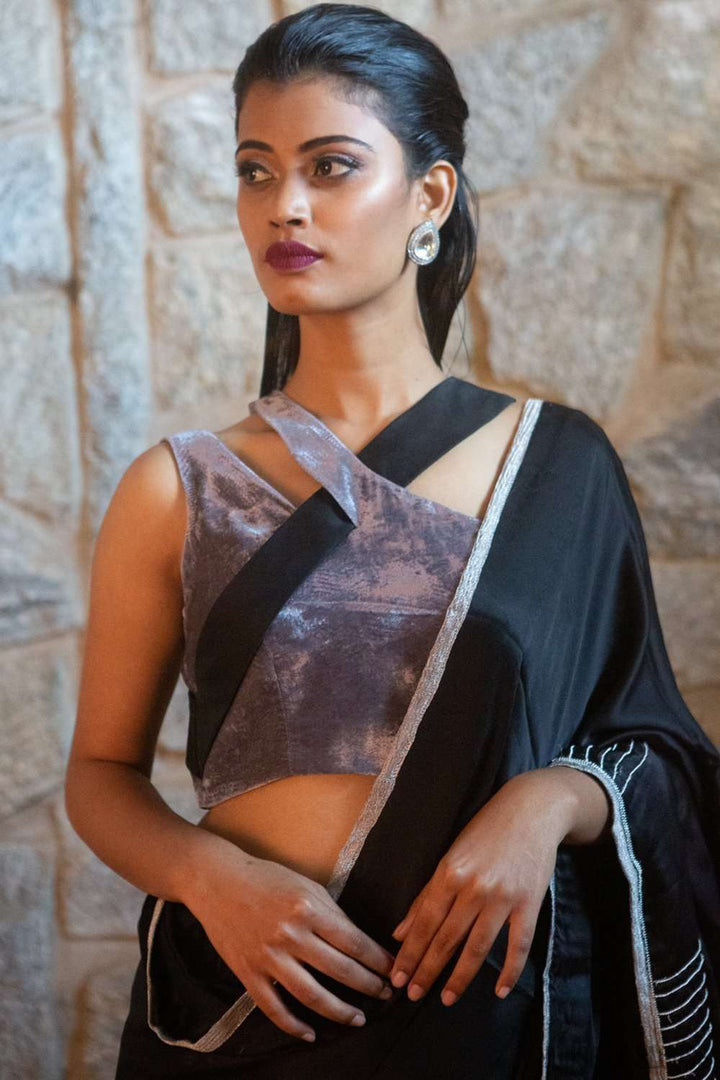 Gray Black velvet and satin one-shoulder blouse