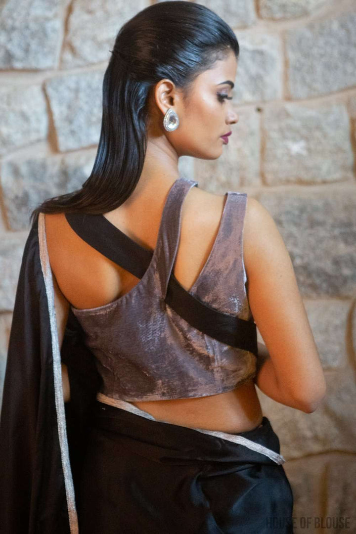 Gray Black velvet and satin one-shoulder blouse