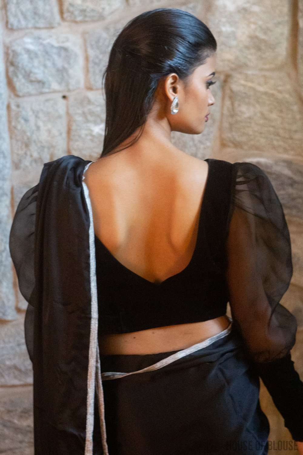 Black velvet blouse with organza long puff sleeves and wide cuffs