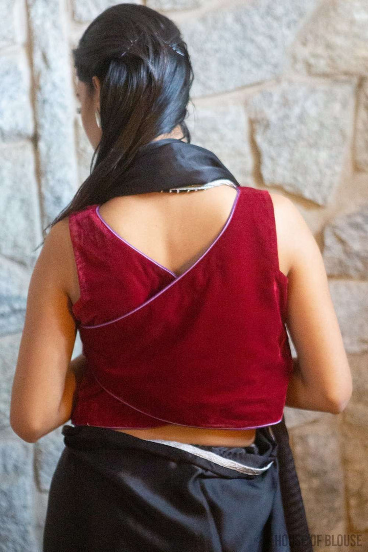 Deep Red velvet sleeveless crop top with double piping