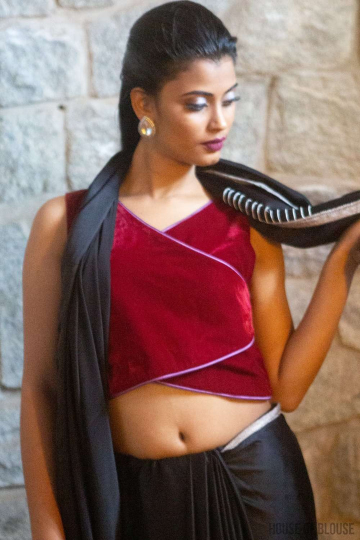 Deep Red velvet sleeveless crop top with double piping