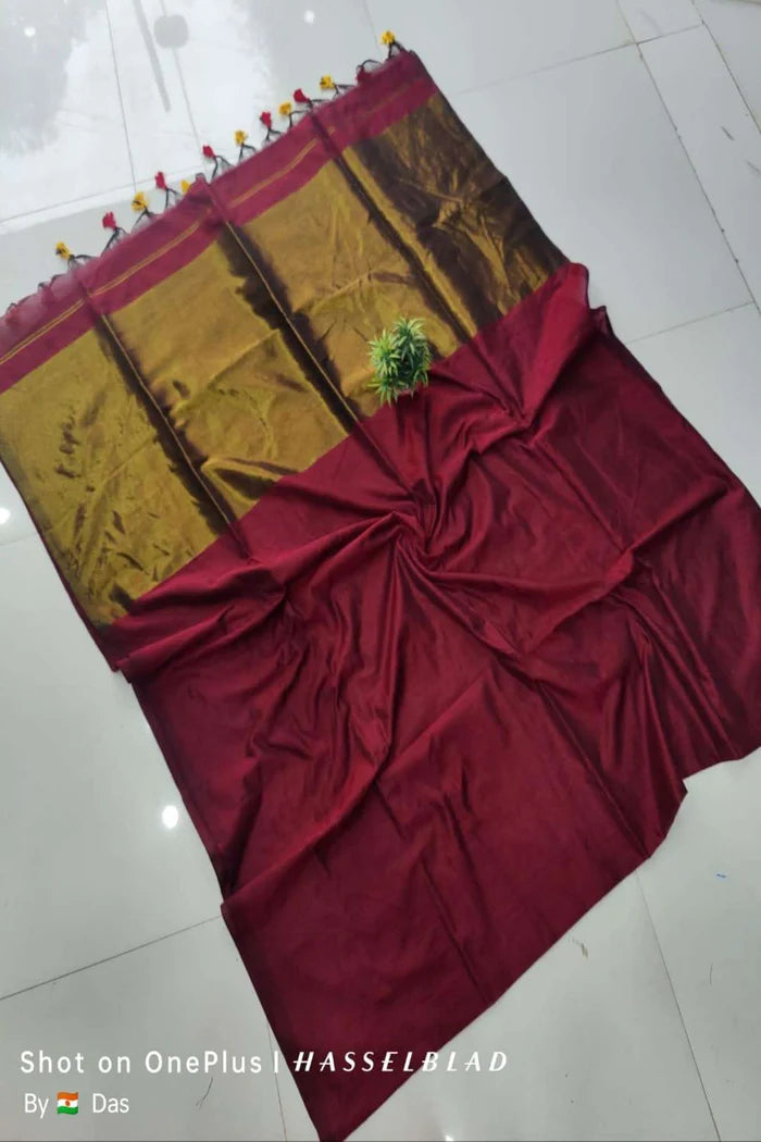 Maroon and Olive Khadi Cotton with Subtle Zari Sheen and Tassel Ready to Wear Saree