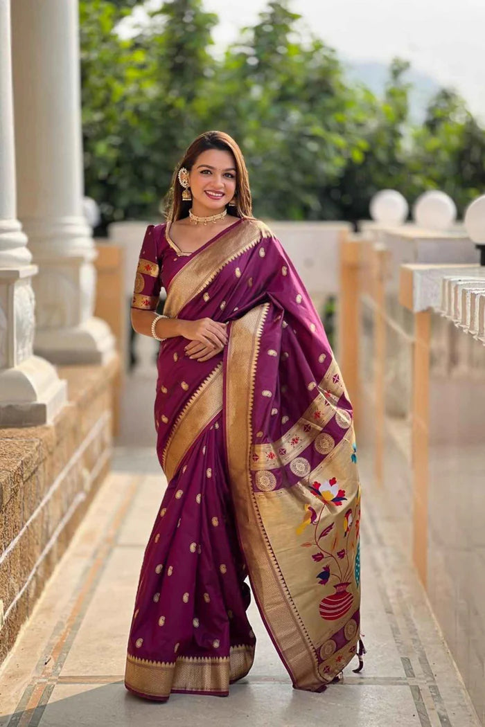 Plum Paithani Silk Saree with golden meenakari inspired woven pallu zari border ready to wear | SILK MARK CERTIFIED