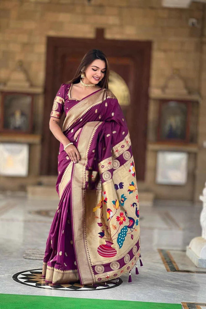 Plum Paithani Silk Saree with golden meenakari inspired woven pallu zari border ready to wear | SILK MARK CERTIFIED