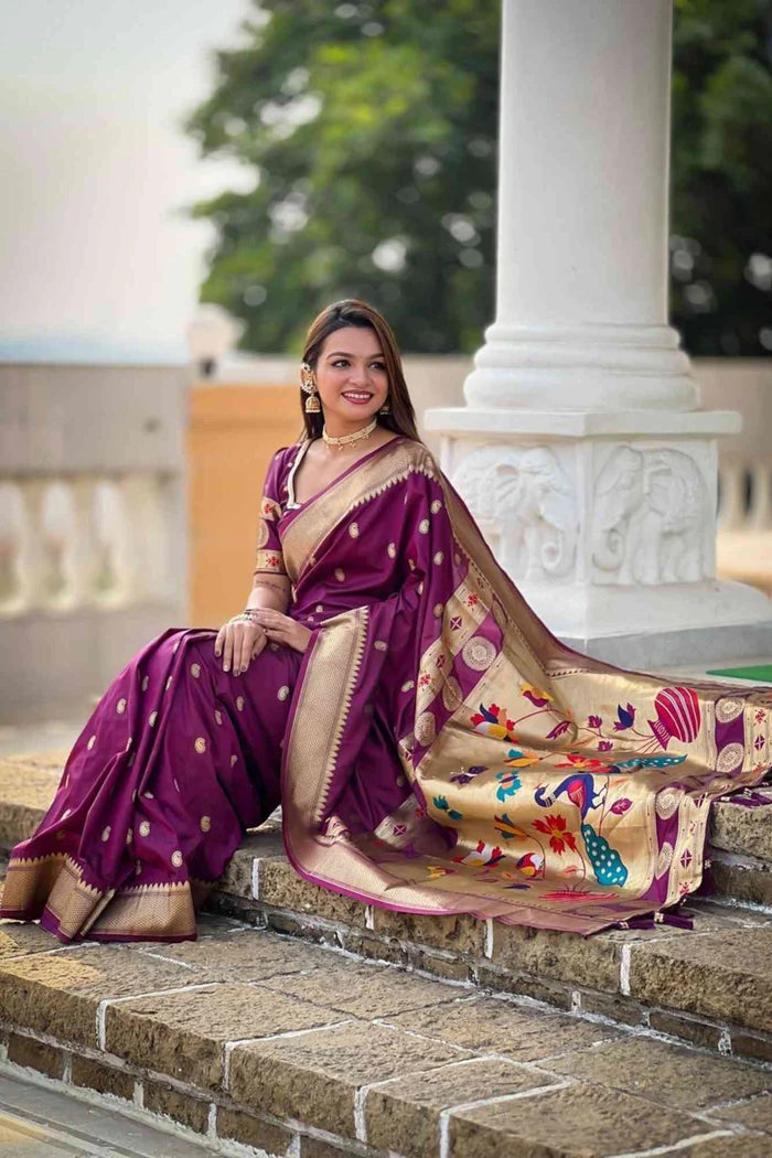 Plum Paithani Silk Saree with golden meenakari inspired woven pallu zari border ready to wear | SILK MARK CERTIFIED