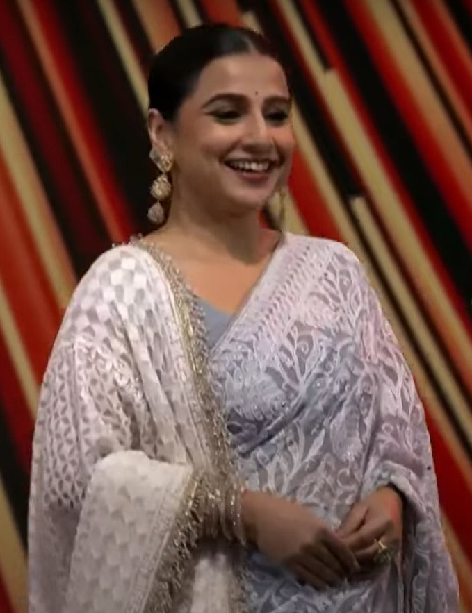 Pre-Order Gray Authentic Hand-Embroidered Full Jaal Chikankari Georgette Saree with Mukeish work