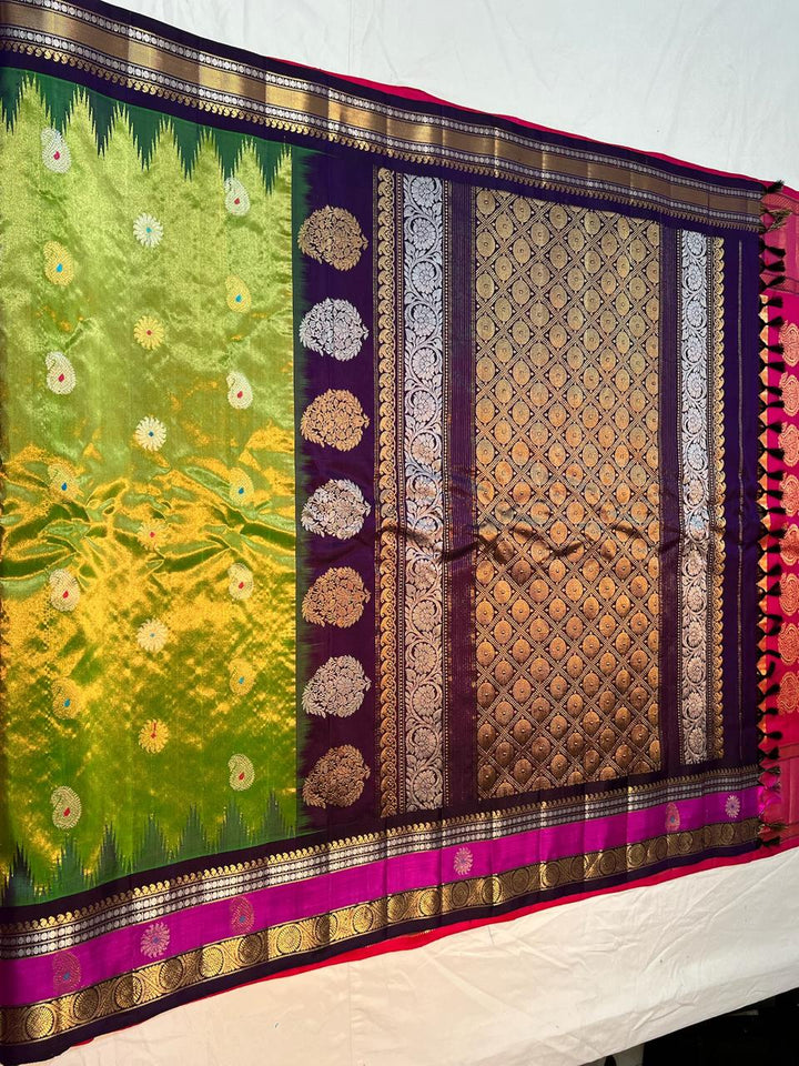 Chartreuse Pure Tissue Gadwal Silk Saree with Meenakari Butta and Zari Border | SILK MARK CERTIFIED