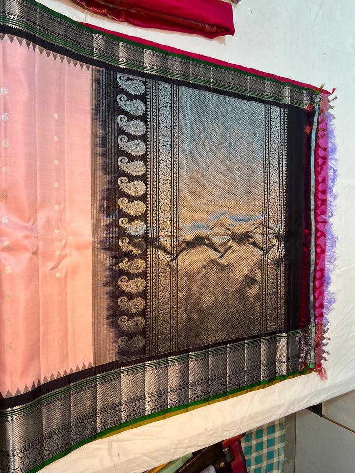 Blush Pink Pure Gadwal Silk Saree with Gold-Silver Buttas and Contrast Zari Border | SILK MARK CERTIFIED