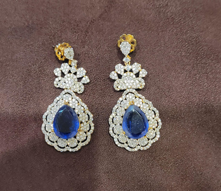 92.5 Pure Silver, Gold Plated Contemporary White and Blue Stone Necklace Set