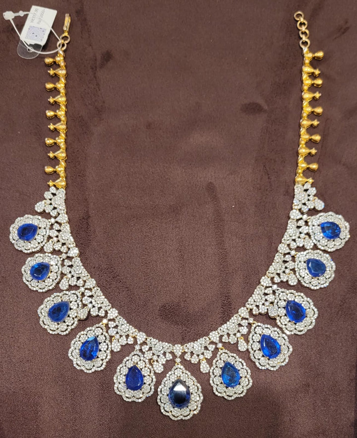 92.5 Pure Silver, Gold Plated Contemporary White and Blue Stone Necklace Set