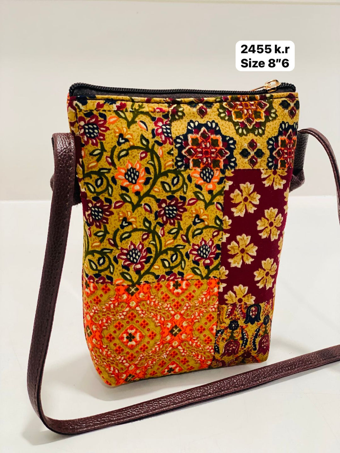 Pack of 10 Yellow Floral Block Print Sling Bag, Size 8"6 | SHOBITAM