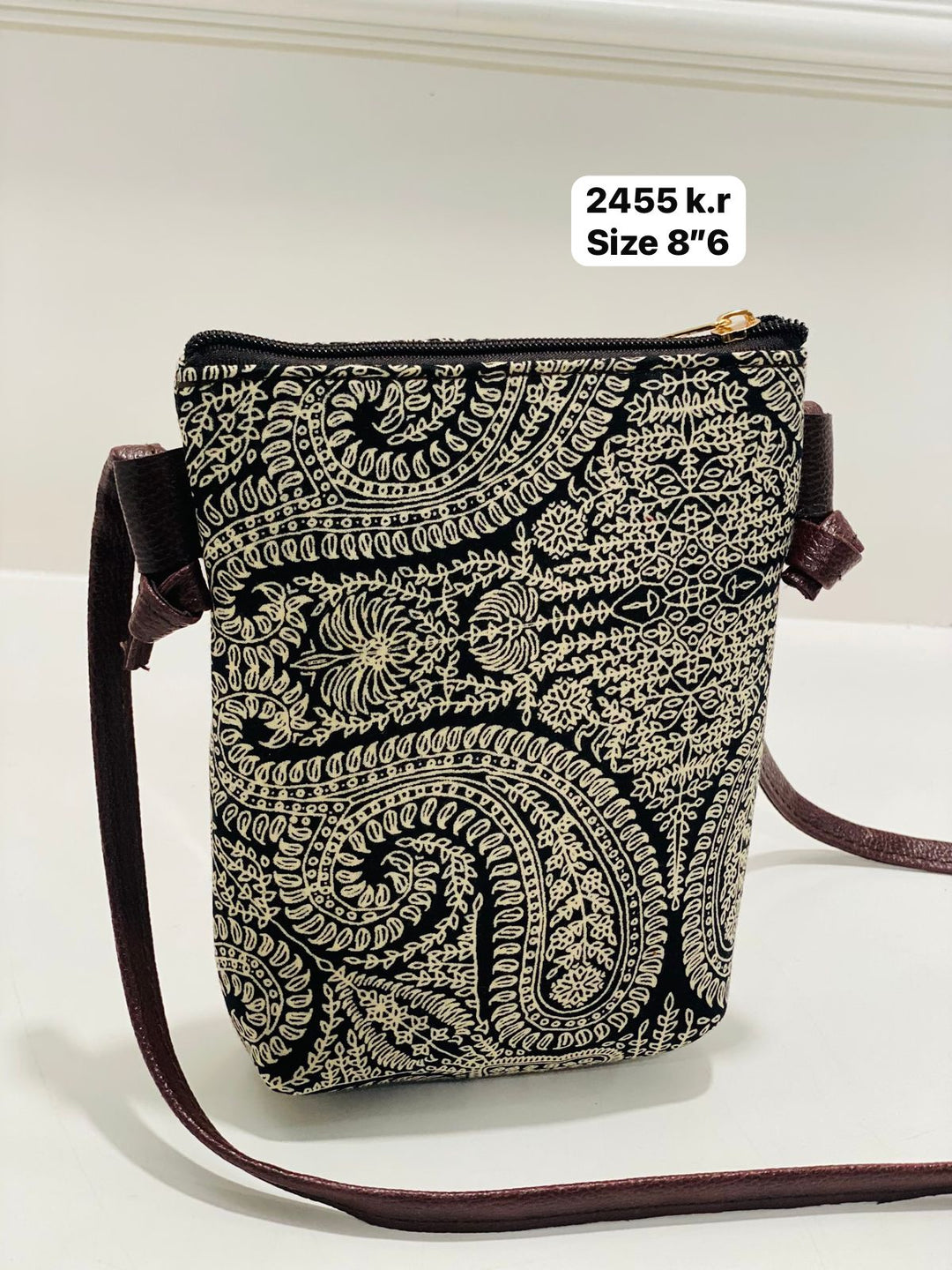Pack of 10 for Gift Giving Black-Gold Paisley and Floral Design Sling Bag, Size 8"6 | SHOBITAM