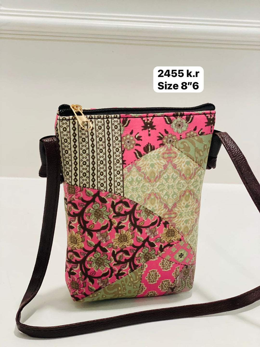Pink-Green Floral and Geometric Patterns Sling Bag, Size 8"6 | SHOBITAM