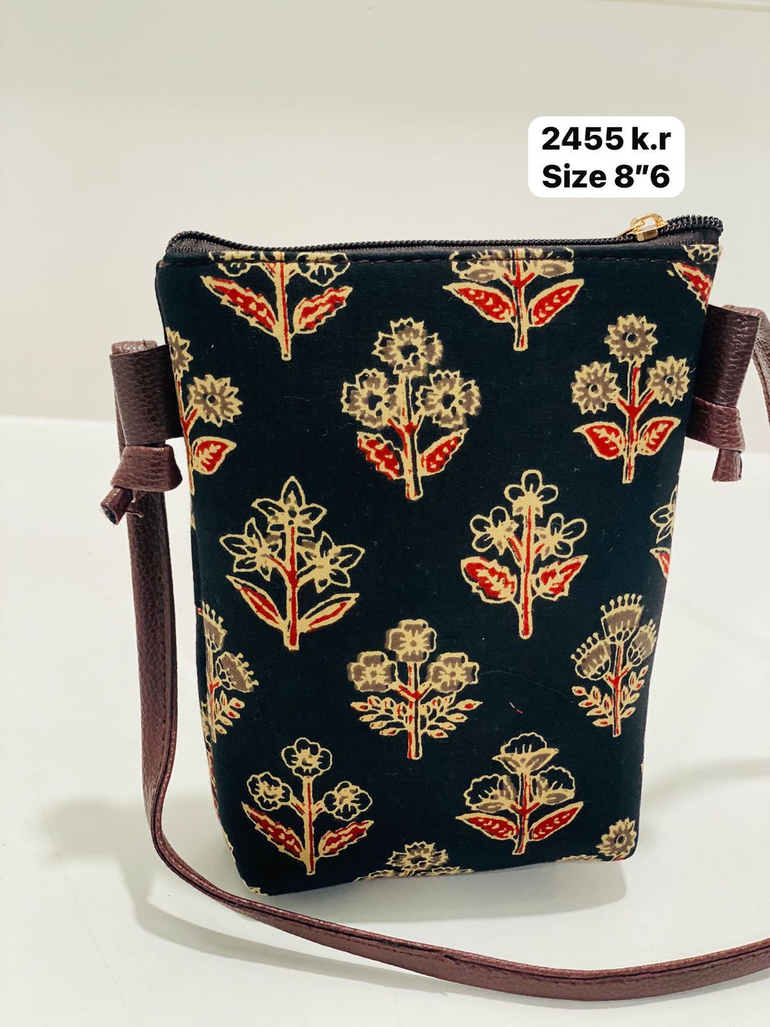 Pack of 10, Black Floral Block Print Sling Bag, Size 8"6, for return gifts | SHOBITAM