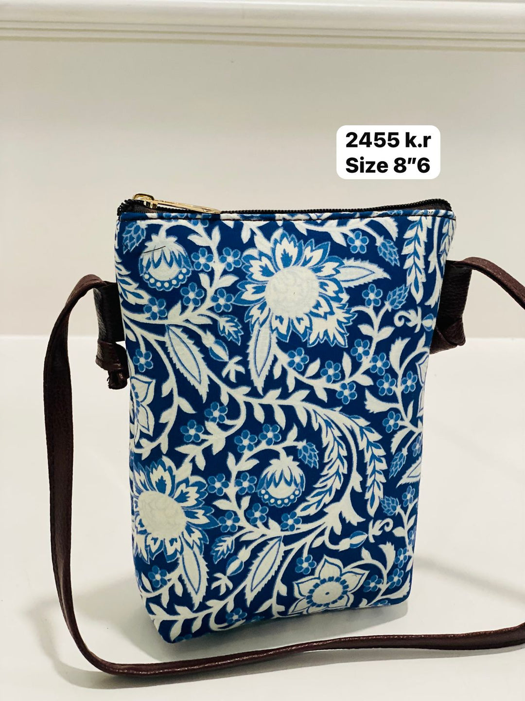 Pack of 10 for return gifts Blue and White Block-Print Floral Sling Bag, Size 8"6 | SHOBITAM