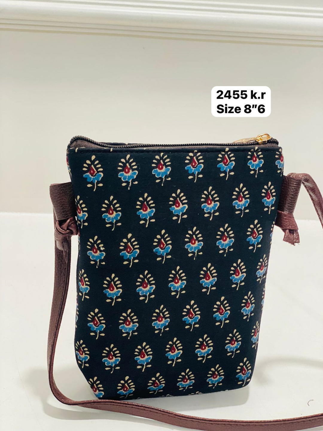 Pack of 10, Midnight Blue Floral Block Print Sling Bag, Size 8"6 for return gift | SHOBITAM