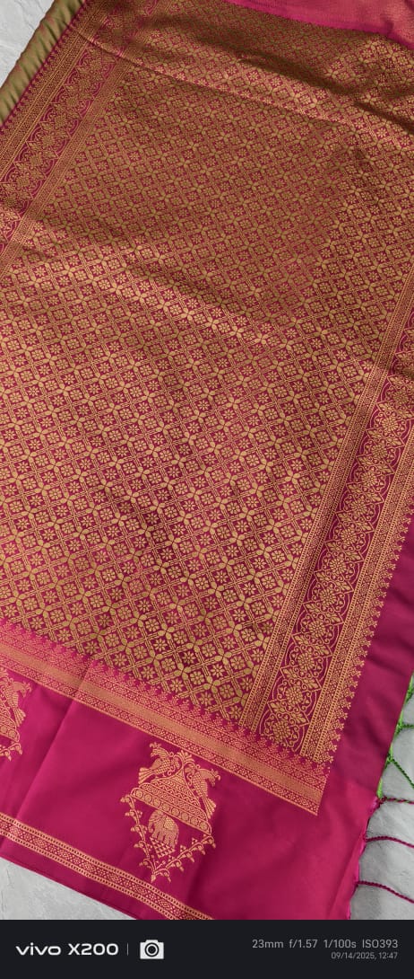 Green Dual Tone Kanchi Semi Silk Saree with Zari Buttas and Contrast Zari Border