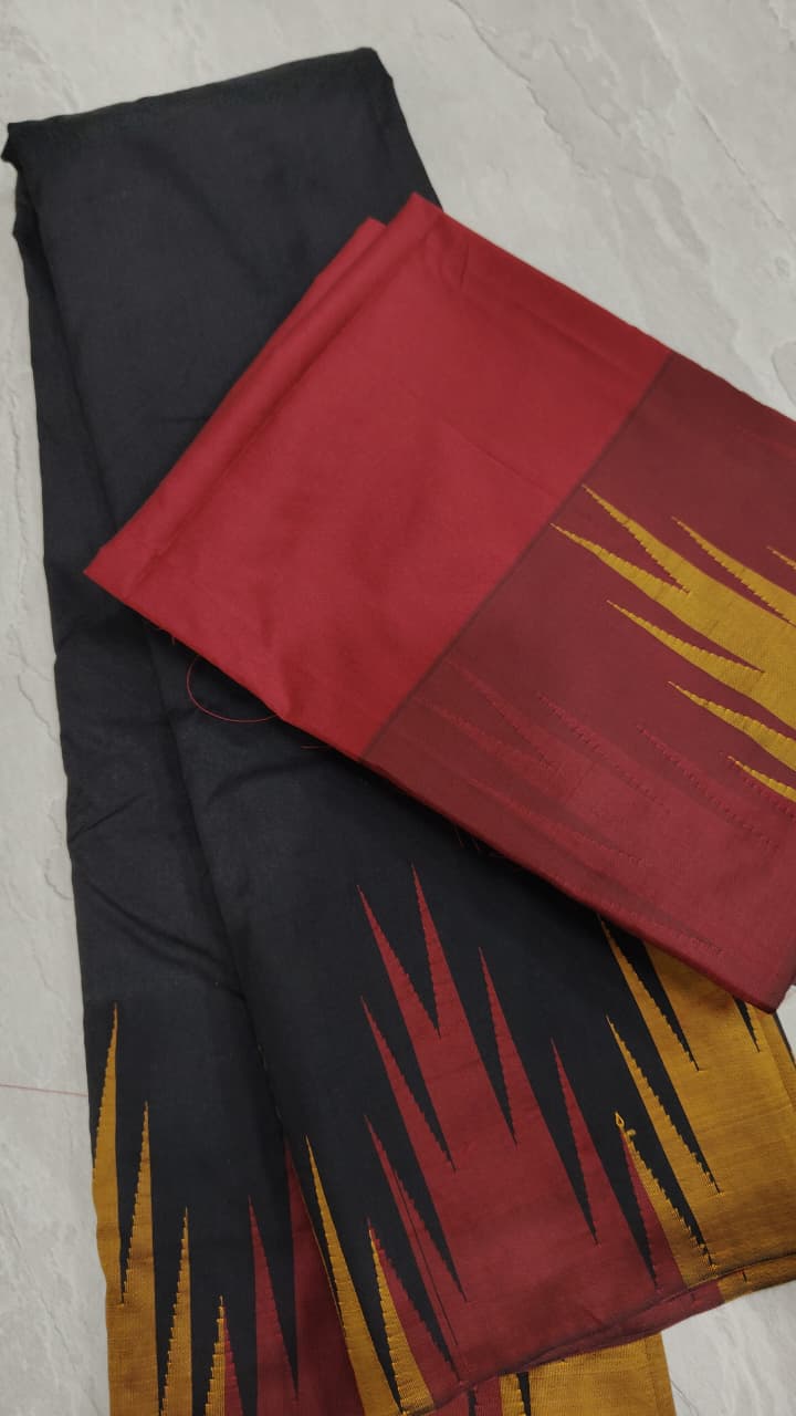 Two tone, Two side Temple Border on black Art Silk Saree