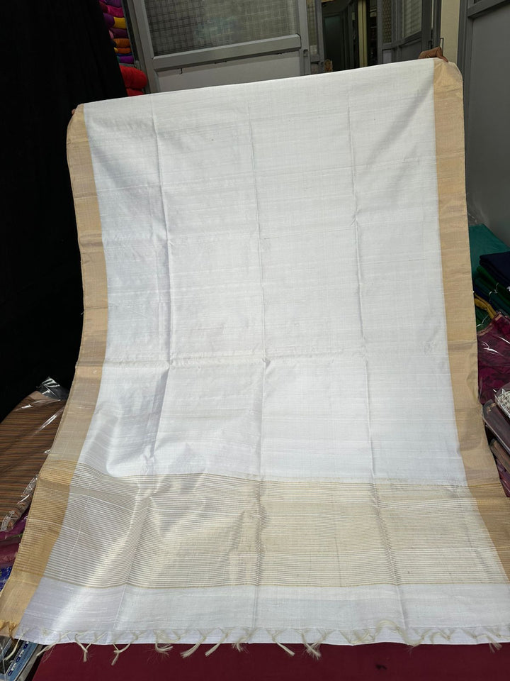 Ivory Pure Raw Silk Saree with Gold Tissue Zari Border | SILK MARK CERTIFIED