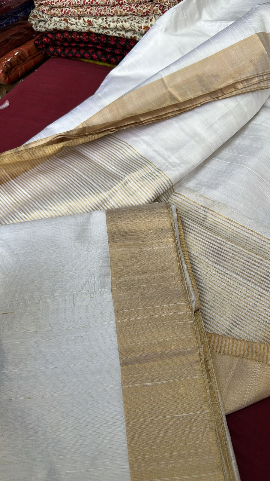 Ivory Pure Raw Silk Saree with Gold Tissue Zari Border | SILK MARK CERTIFIED