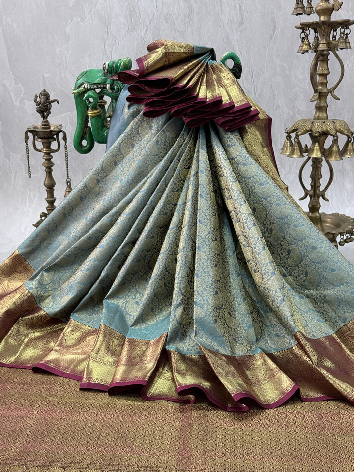 Sage Green Paisley Floral Brocade Gadwal Silk Saree with Wide Zari Border | SILK MARK CERTIFIED