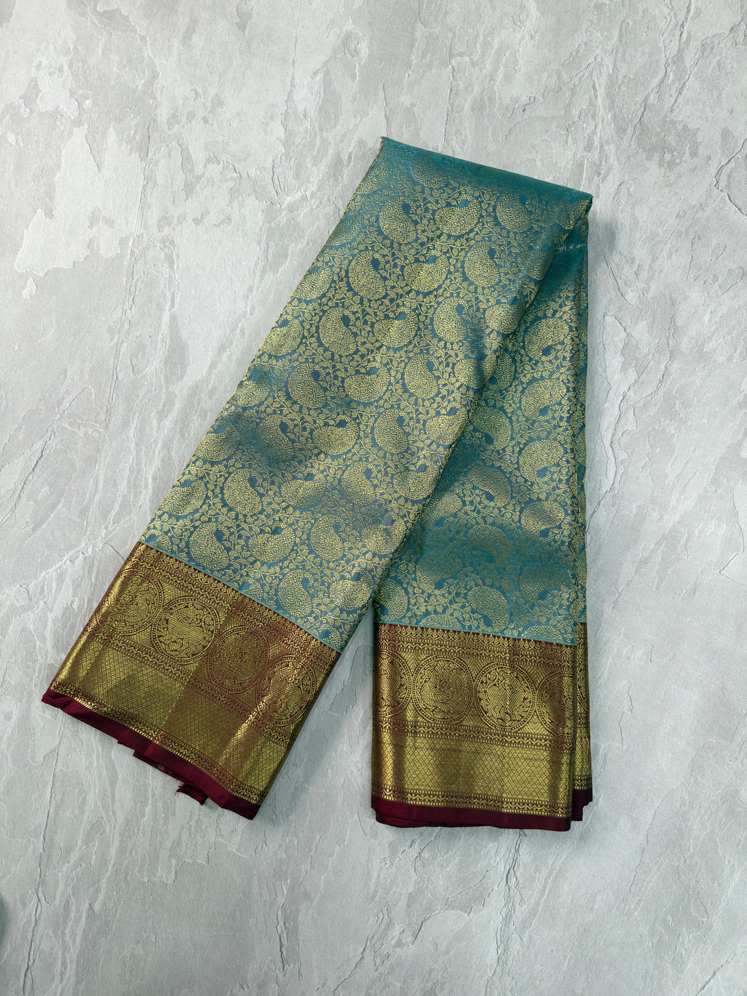 Sage Green Paisley Floral Brocade Gadwal Silk Saree with Wide Zari Border | SILK MARK CERTIFIED