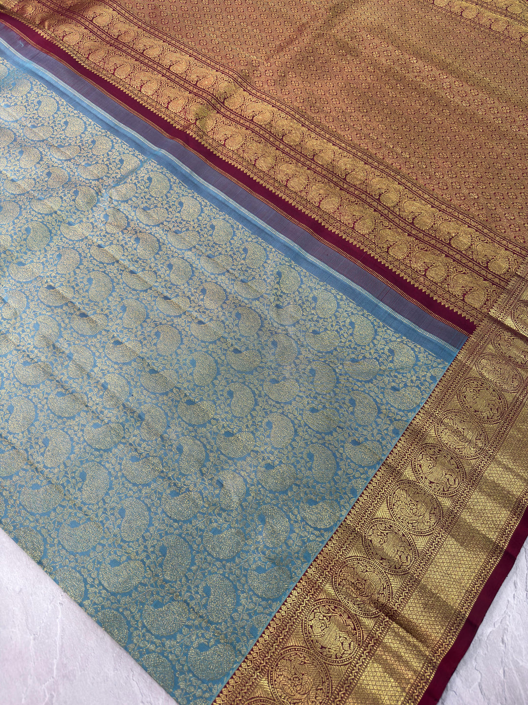 Sage Green Paisley Floral Brocade Gadwal Silk Saree with Wide Zari Border | SILK MARK CERTIFIED