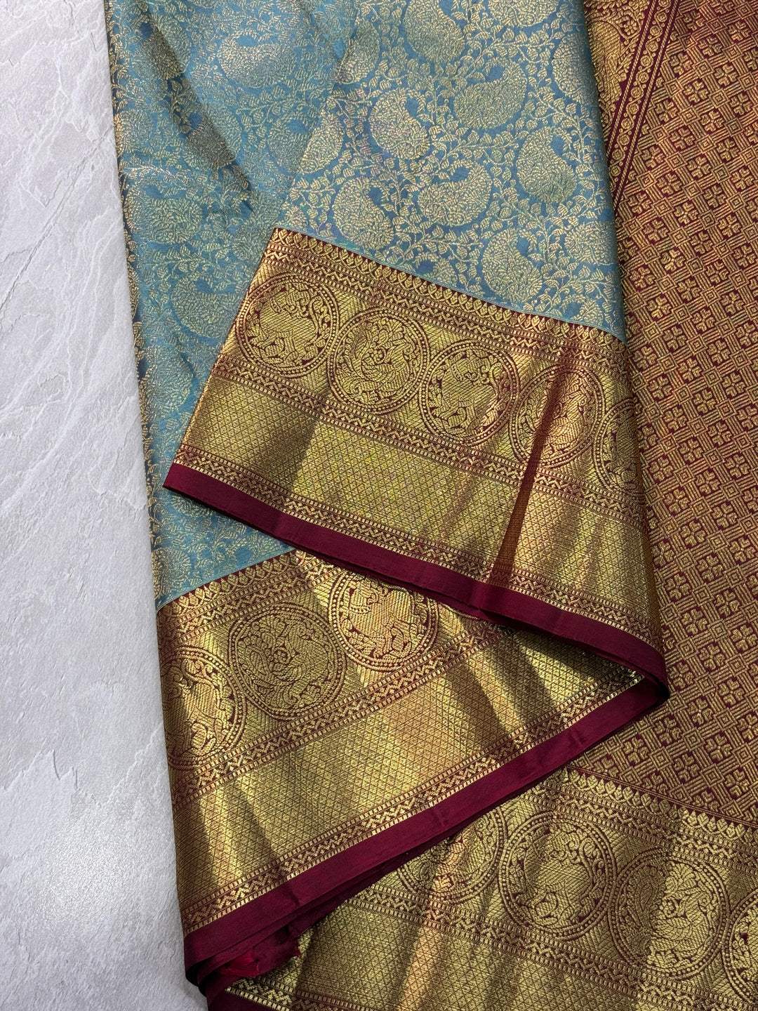 Sage Green Paisley Floral Brocade Gadwal Silk Saree with Wide Zari Border | SILK MARK CERTIFIED