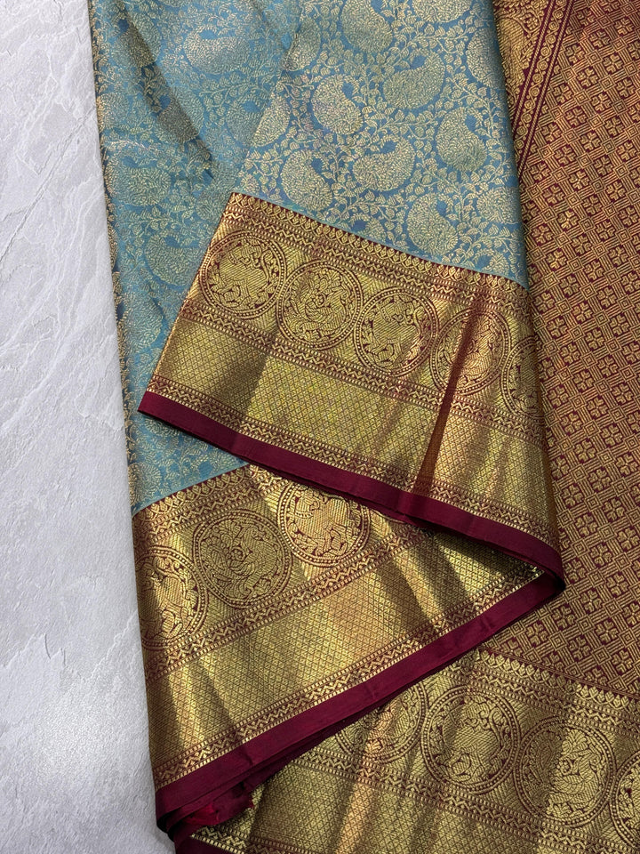Sage Green Paisley Floral Brocade Gadwal Silk Saree with Wide Zari Border | SILK MARK CERTIFIED