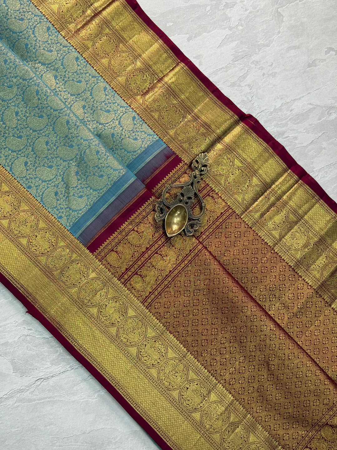 Sage Green Paisley Floral Brocade Gadwal Silk Saree with Wide Zari Border | SILK MARK CERTIFIED