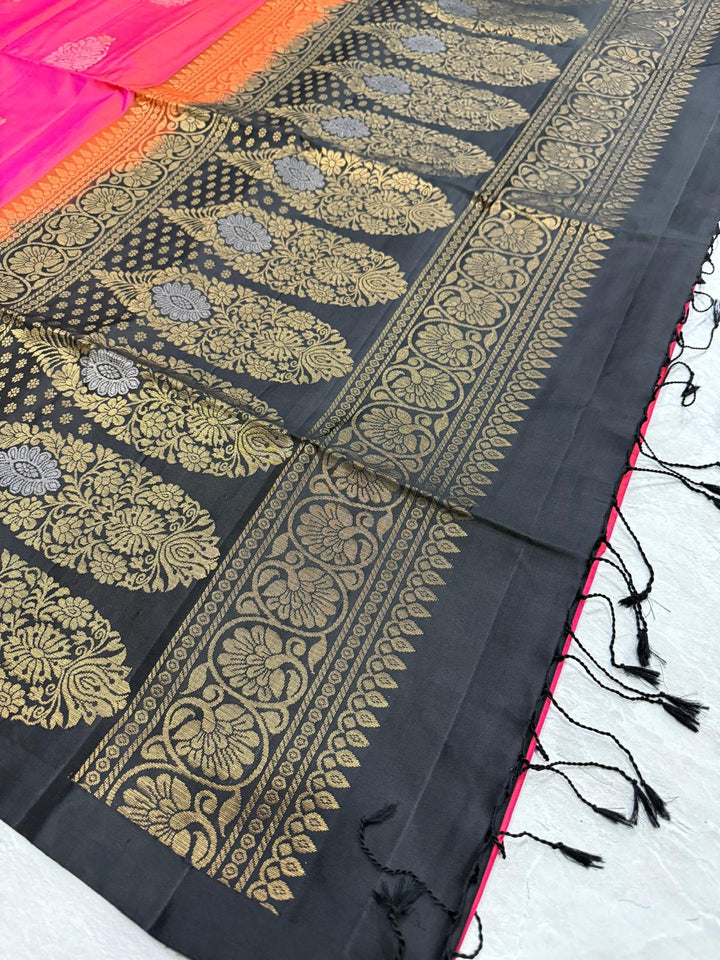 Pink Dual tone Borderless Kanjivaram Soft Silk Saree with Gold-Silver Buttas and Contrast Pallu | SILK MARK CERTIFIED