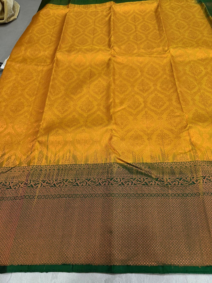 Yellow Kanjivaram Soft Silk Saree with Brocade Jaal and Contrast Zari Border | SILK MARK CERTIFIED
