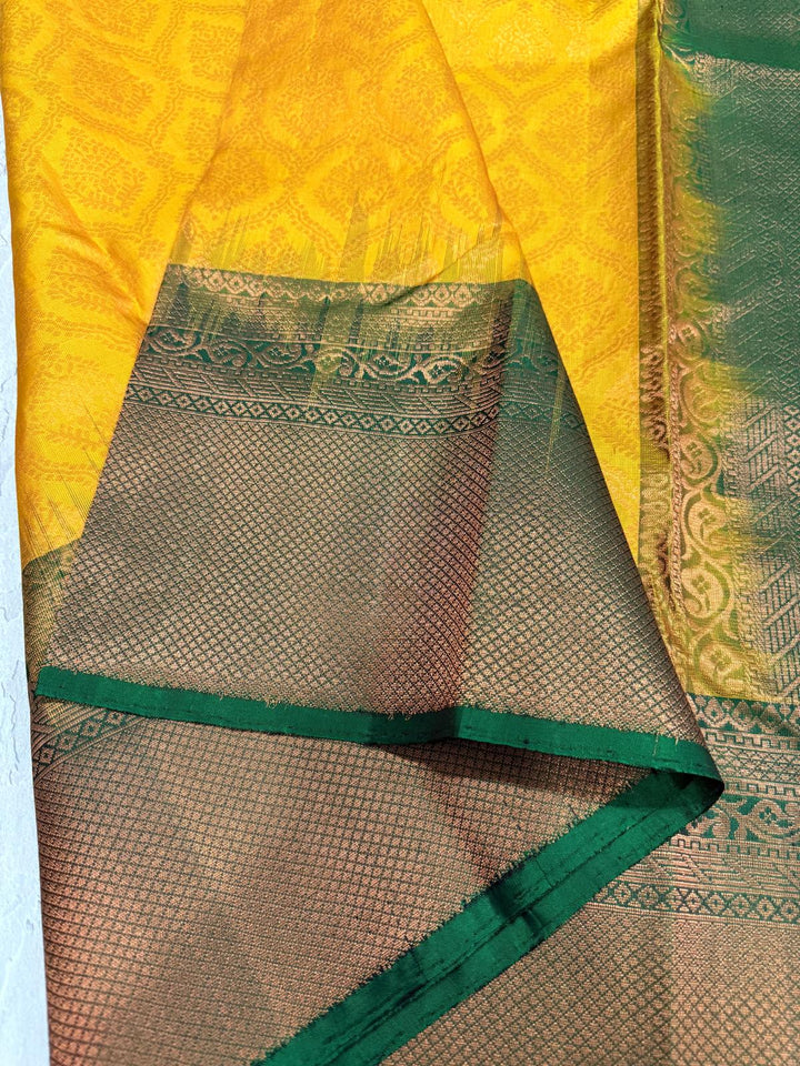 Yellow Kanjivaram Soft Silk Saree with Brocade Jaal and Contrast Zari Border | SILK MARK CERTIFIED