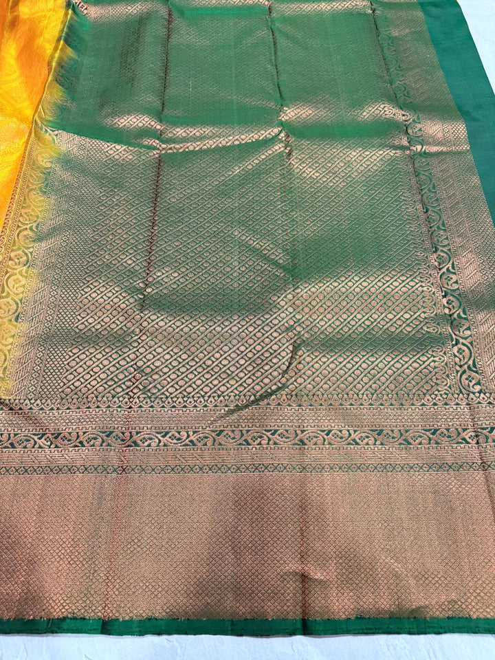 Yellow Kanjivaram Soft Silk Saree with Brocade Jaal and Contrast Zari Border | SILK MARK CERTIFIED