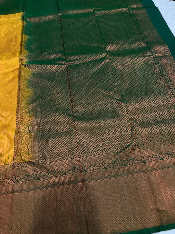 Yellow Kanjivaram Soft Silk Saree with Brocade Jaal and Contrast Zari Border | SILK MARK CERTIFIED