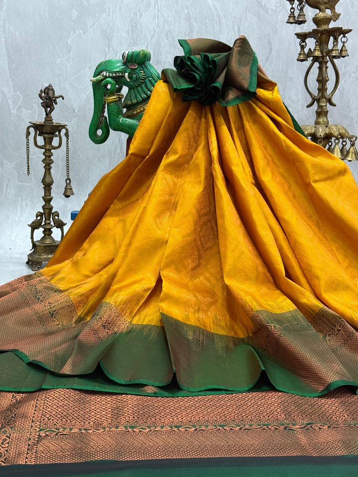 Yellow Kanjivaram Soft Silk Saree with Brocade Jaal and Contrast Zari Border | SILK MARK CERTIFIED