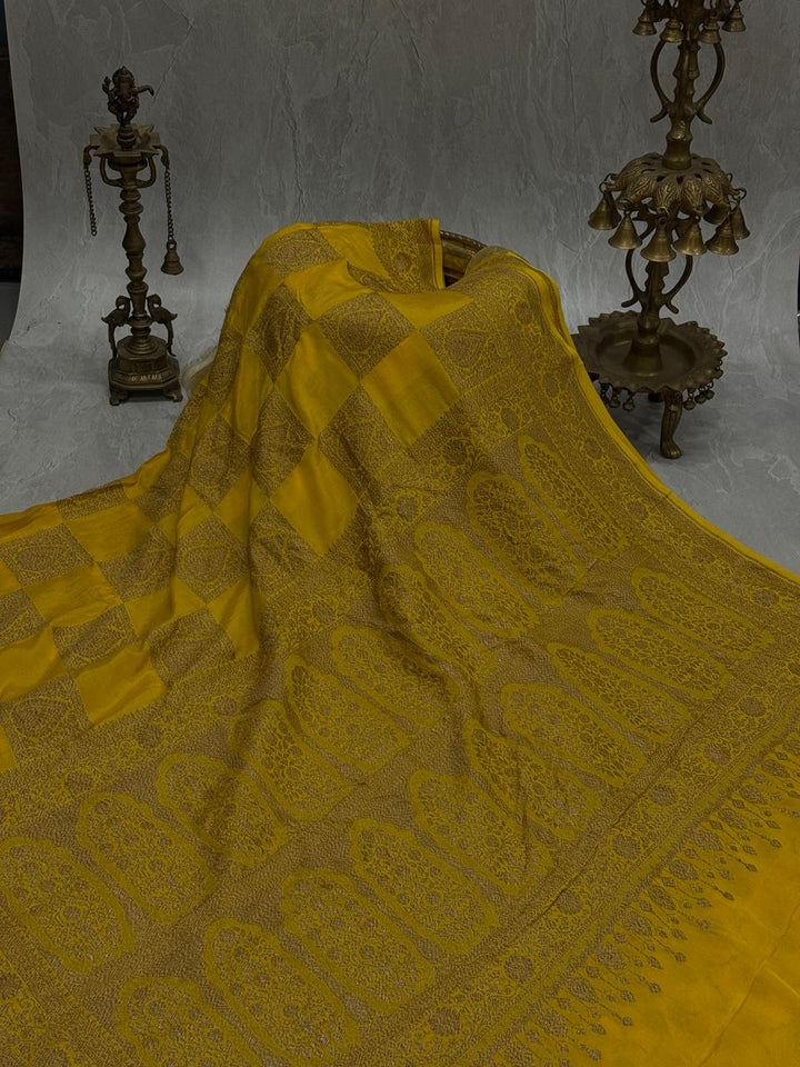 Exquisite Yellow Banarasi Georgette Silk Saree with Antique Zari Geometric Pattern and Zari Border | SILK MARK CERTIFIED
