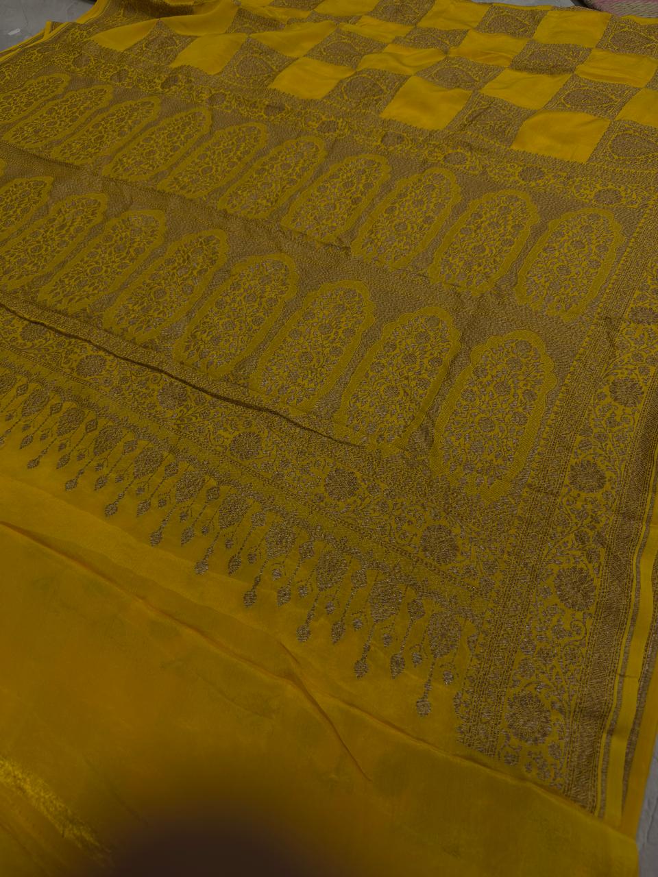Exquisite Yellow Banarasi Georgette Silk Saree with Antique Zari Geometric Pattern and Zari Border | SILK MARK CERTIFIED