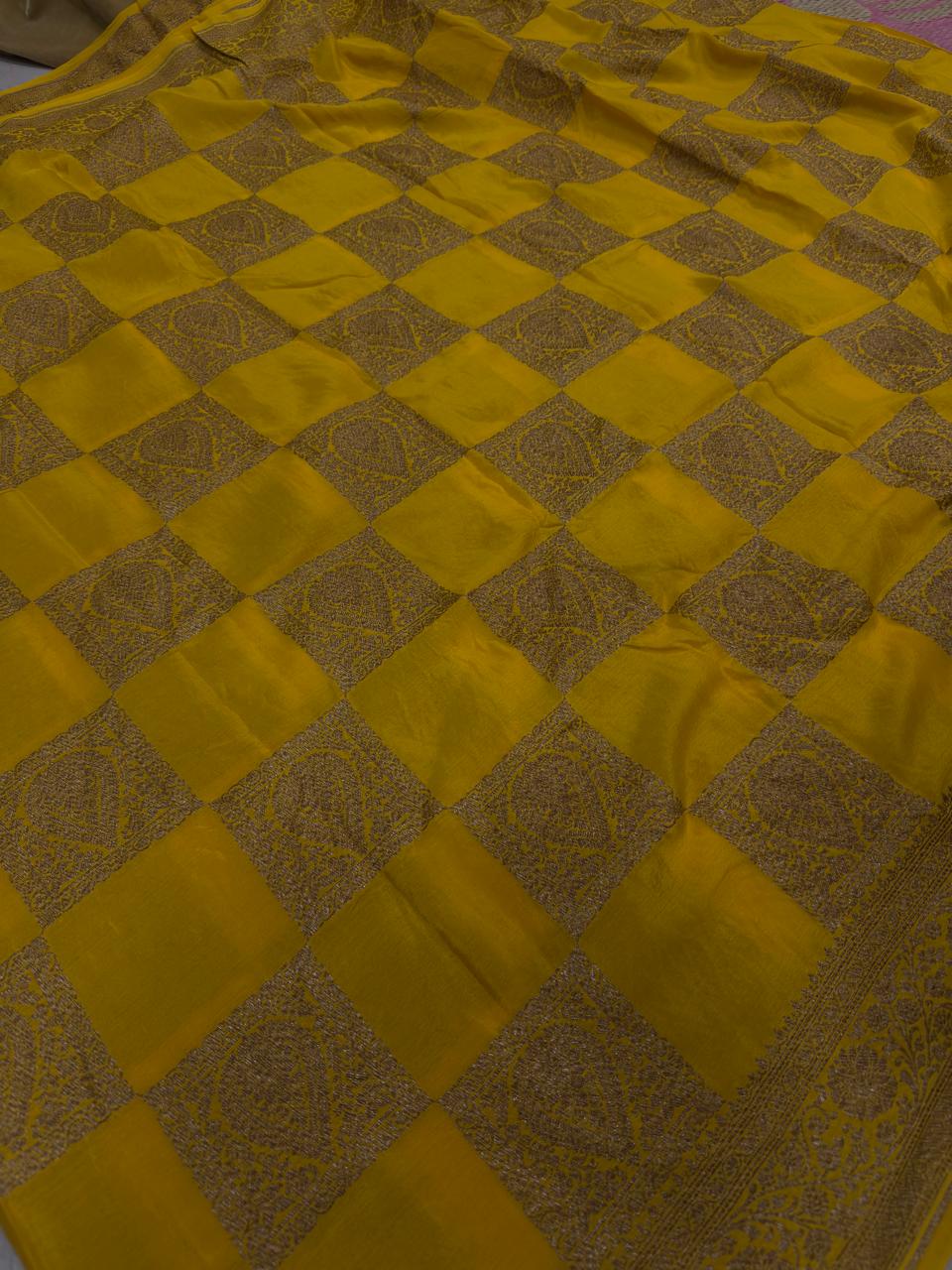 Exquisite Yellow Banarasi Georgette Silk Saree with Antique Zari Geometric Pattern and Zari Border | SILK MARK CERTIFIED
