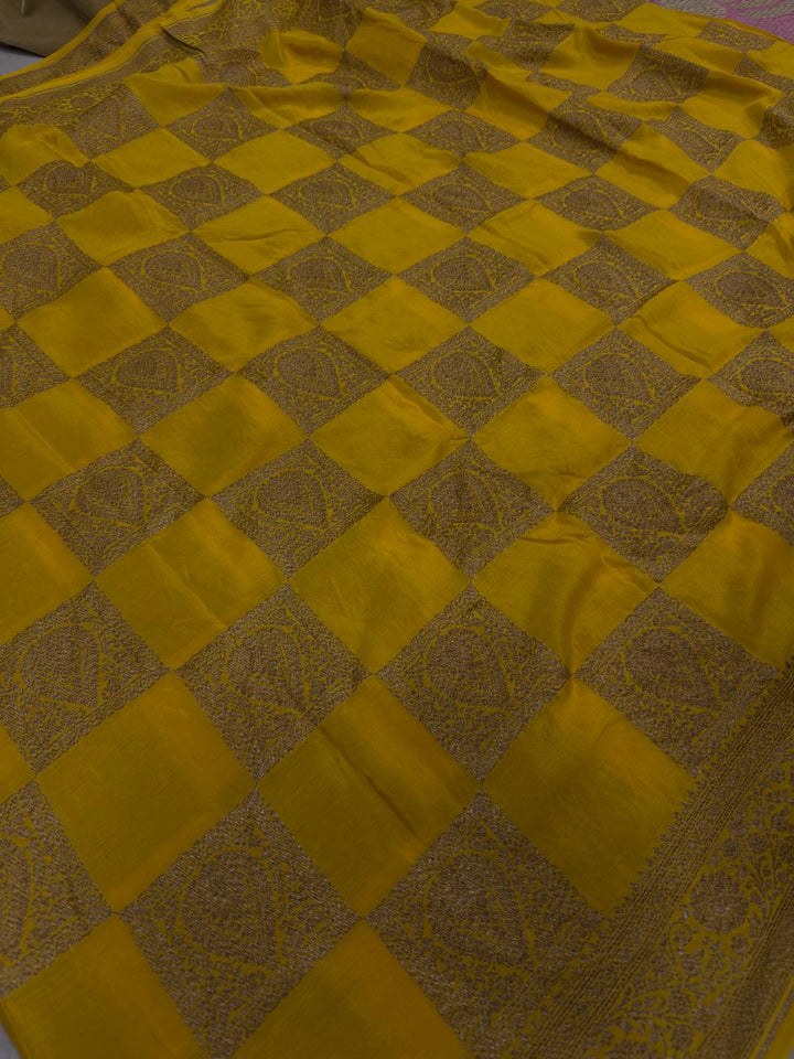 Exquisite Yellow Banarasi Georgette Silk Saree with Antique Zari Geometric Pattern and Zari Border | SILK MARK CERTIFIED