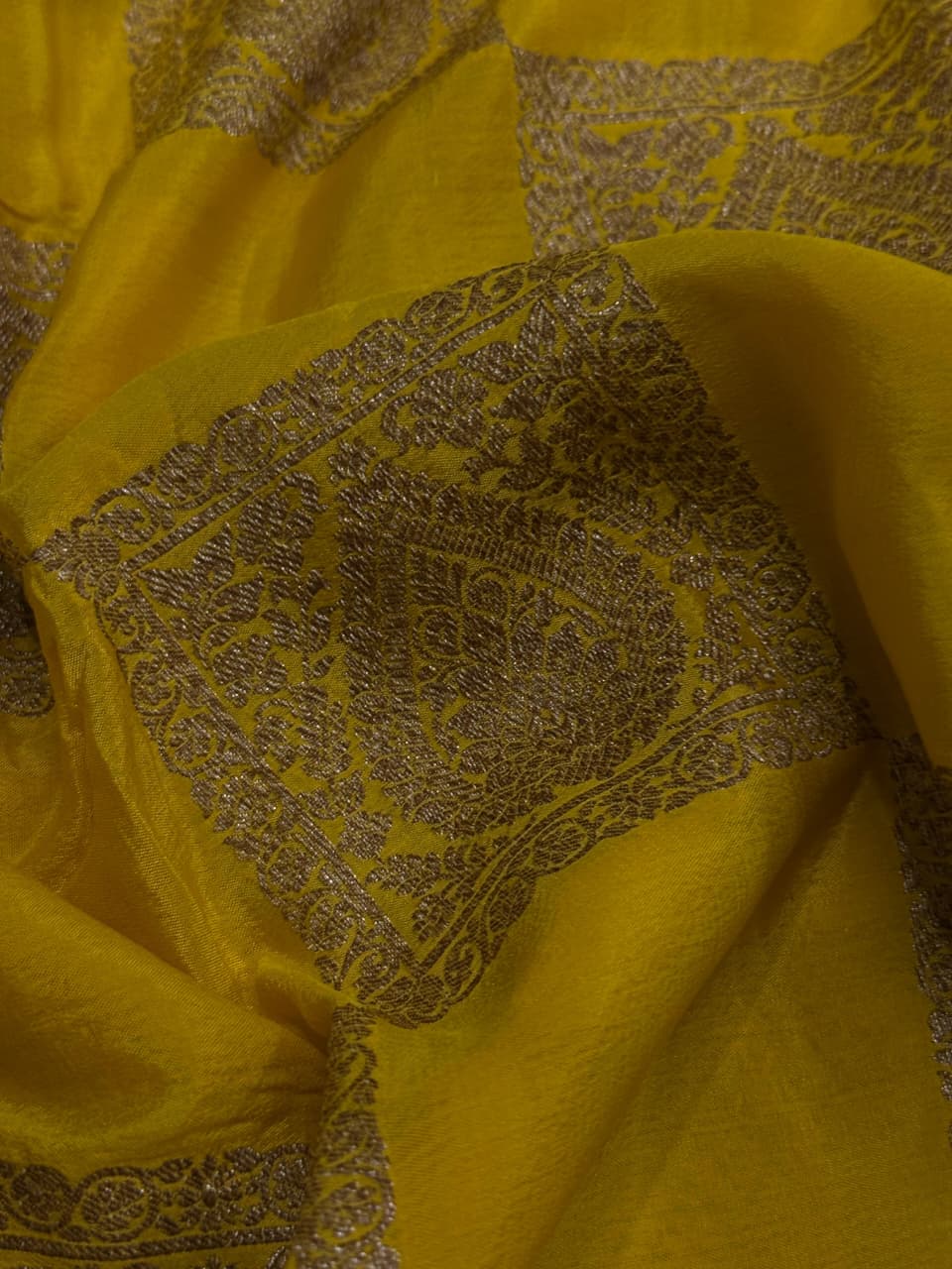Exquisite Yellow Banarasi Georgette Silk Saree with Antique Zari Geometric Pattern and Zari Border | SILK MARK CERTIFIED