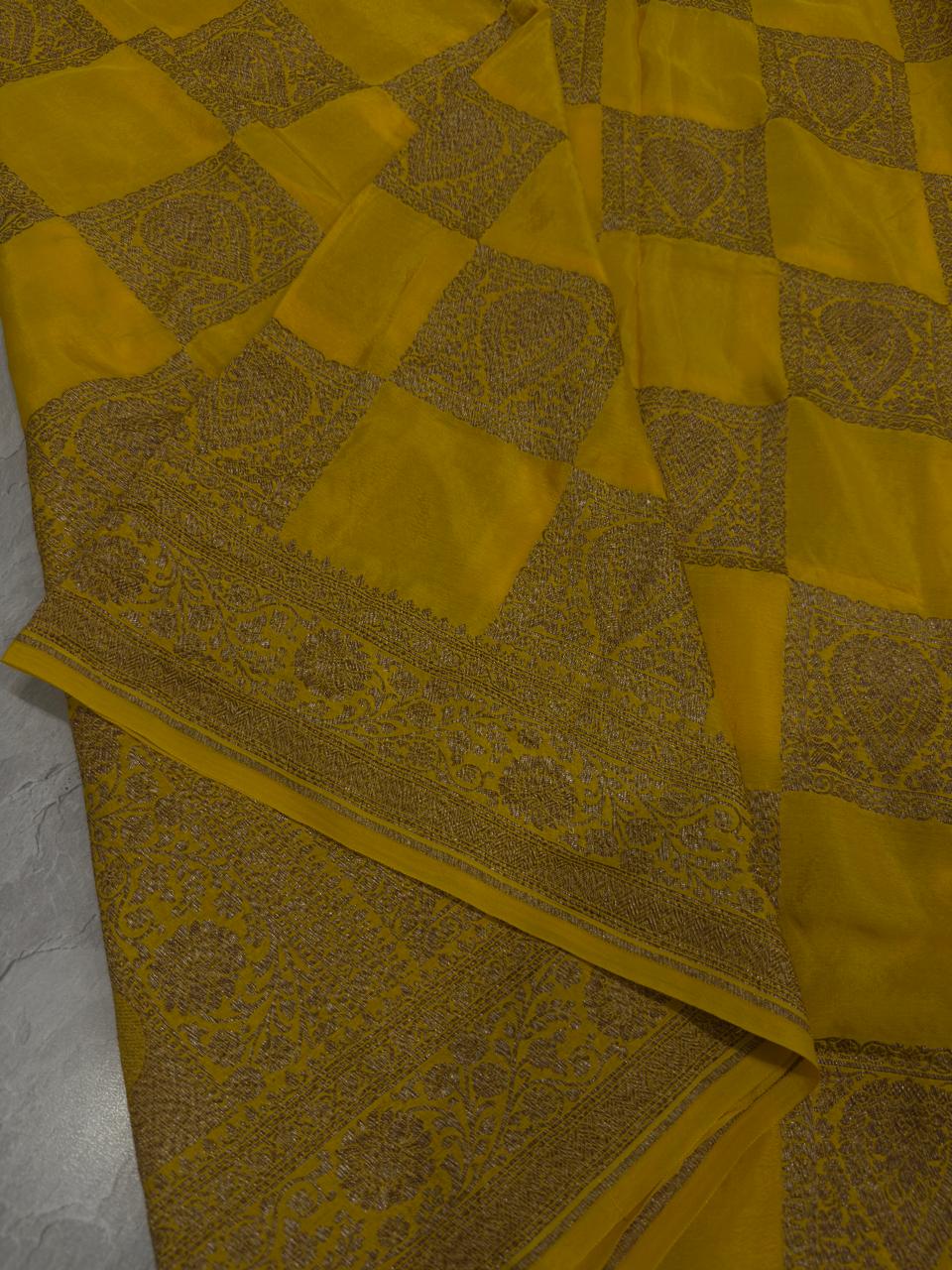 Exquisite Yellow Banarasi Georgette Silk Saree with Antique Zari Geometric Pattern and Zari Border | SILK MARK CERTIFIED