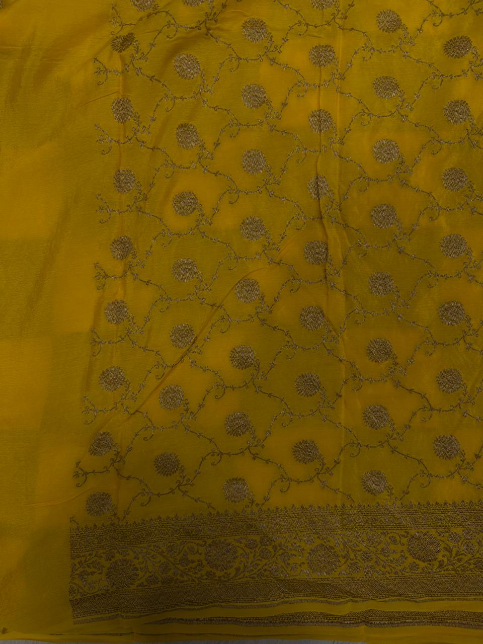 Exquisite Yellow Banarasi Georgette Silk Saree with Antique Zari Geometric Pattern and Zari Border | SILK MARK CERTIFIED