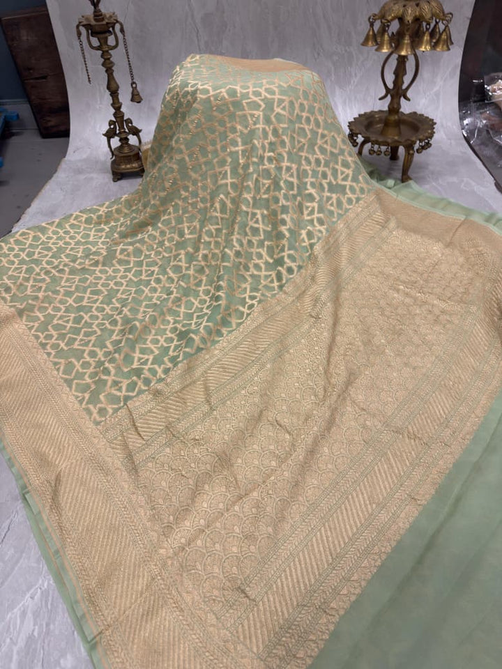 Sage Green Banarasi Georgette Silk Saree with Morroccon Brocade Jaal and Zari Border | SILK MARK CERTIFIED