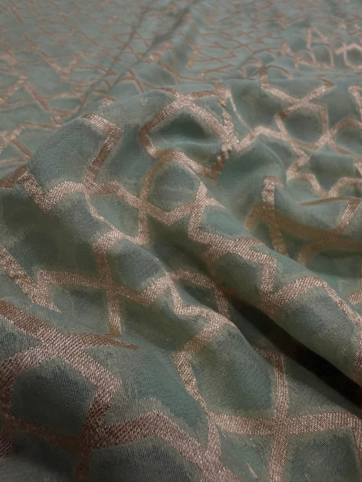 Sage Green Banarasi Georgette Silk Saree with Morroccon Brocade Jaal and Zari Border | SILK MARK CERTIFIED