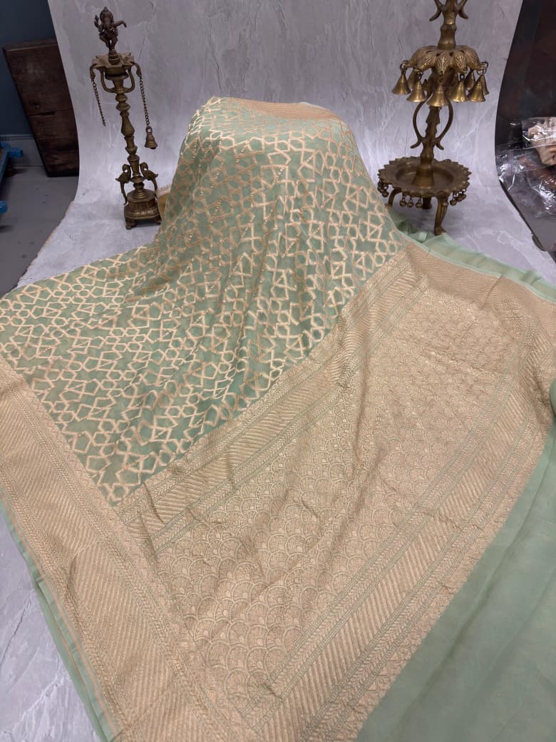 Sage Green Banarasi Georgette Silk Saree with Morroccon Brocade Jaal and Zari Border | SILK MARK CERTIFIED